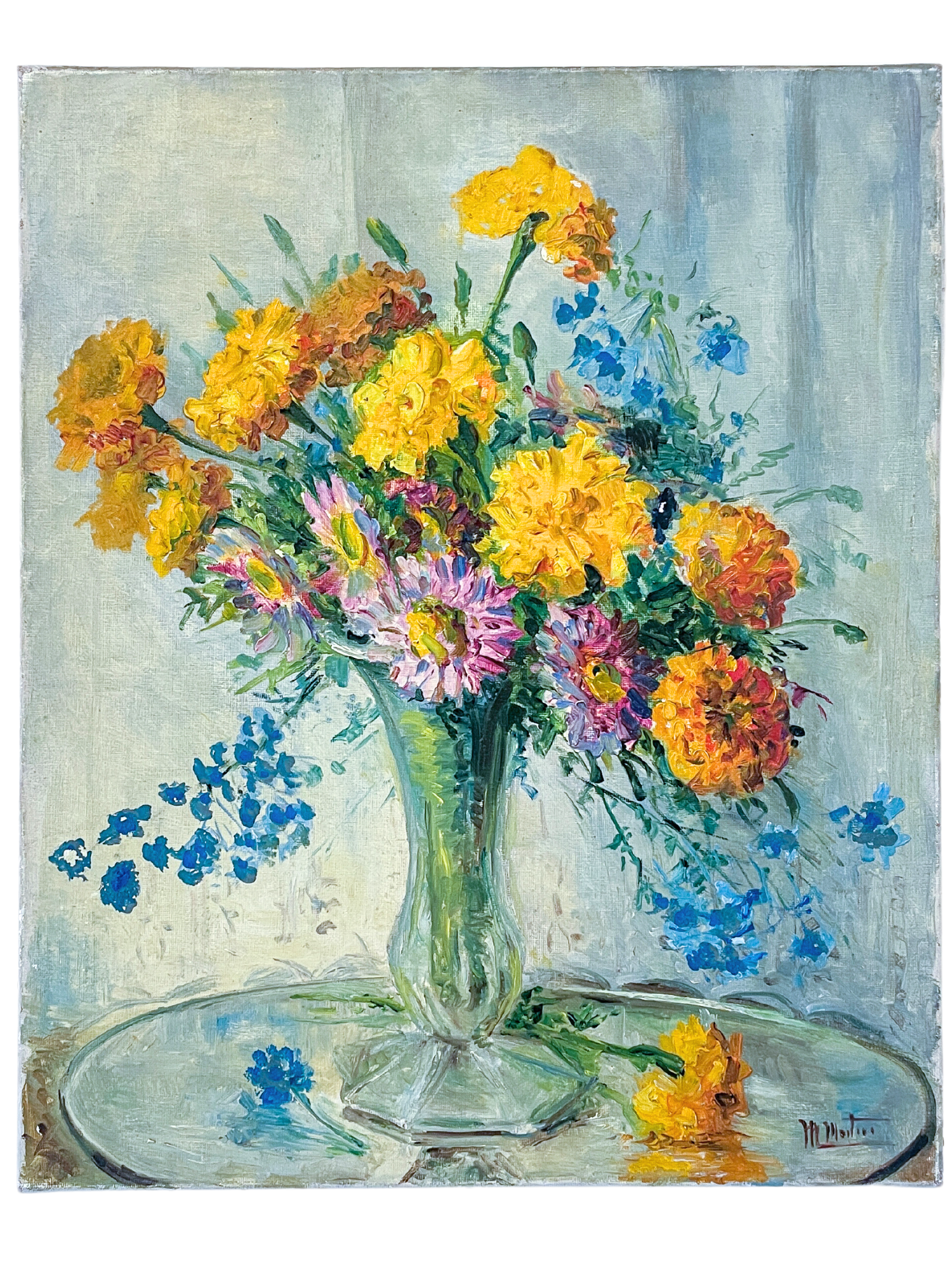 Yellow and Pink Blooms in Glass Vase